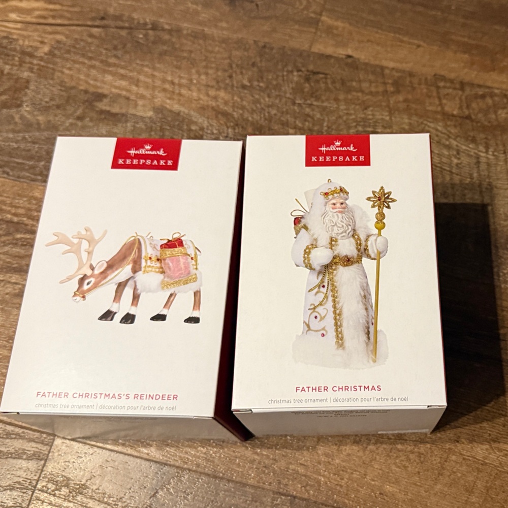Hallmark Father Christmas and Reindeer Ornaments - Gold and White